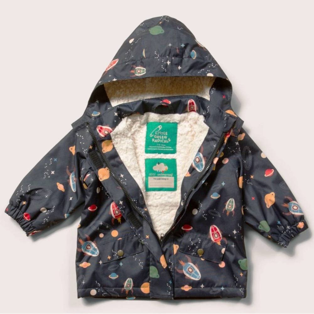 Little Green Radicals Space Adventure Raincoat - Black and space pattern planets